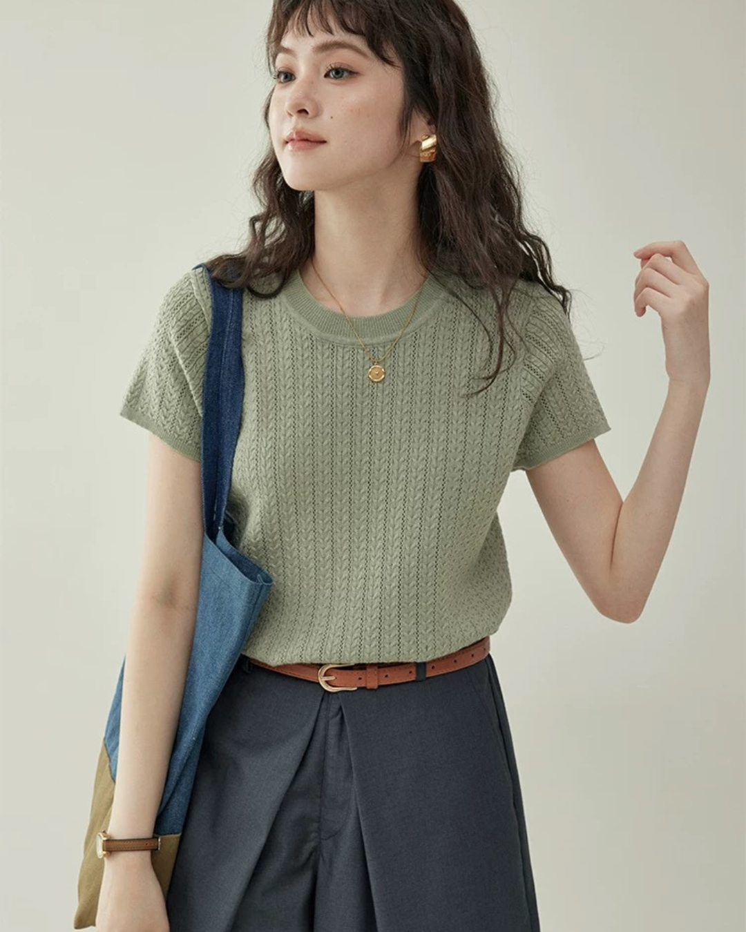 クルーネックニットTシャツ(トップス・全2色)