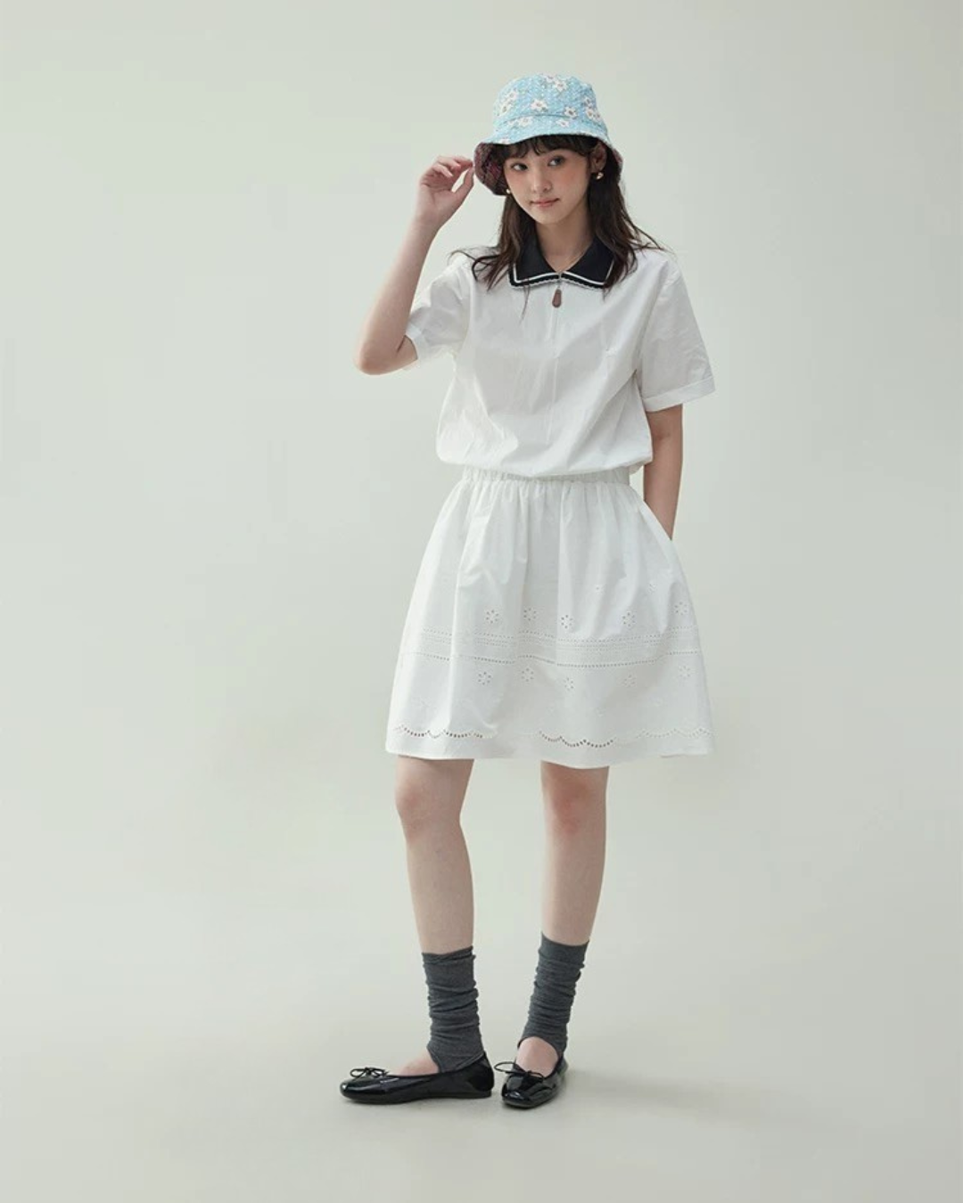 ラペル刺繍ウエストスカート(セットアップ・全1色)