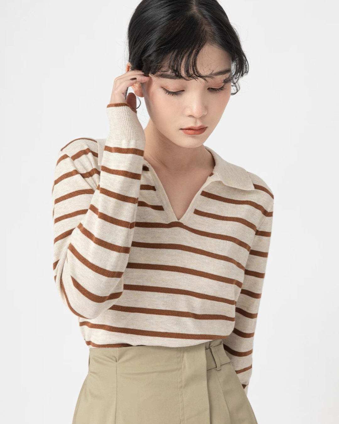 ラペルストライプニットセーター（トップス・全1色）