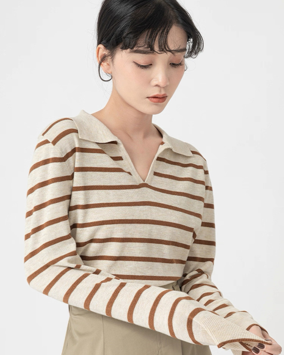 ラペルストライプニットセーター（トップス・全1色）