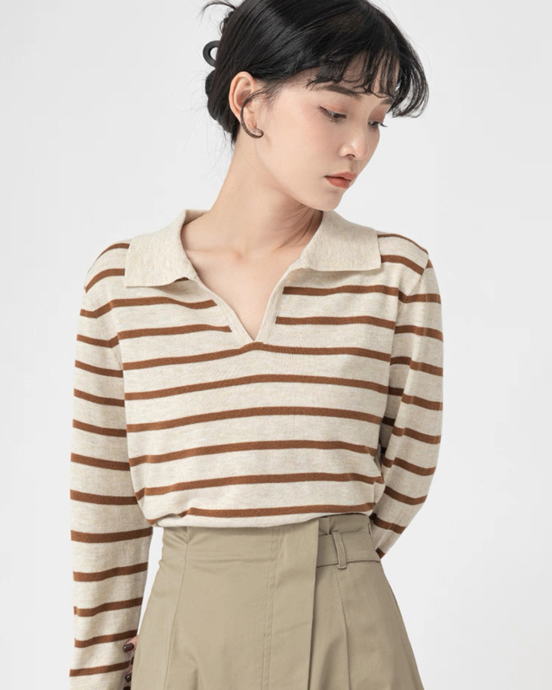 ラペルストライプニットセーター（トップス・全1色）