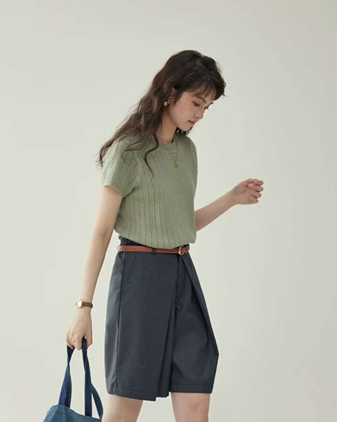 クルーネックニットTシャツ（トップス・全2色）