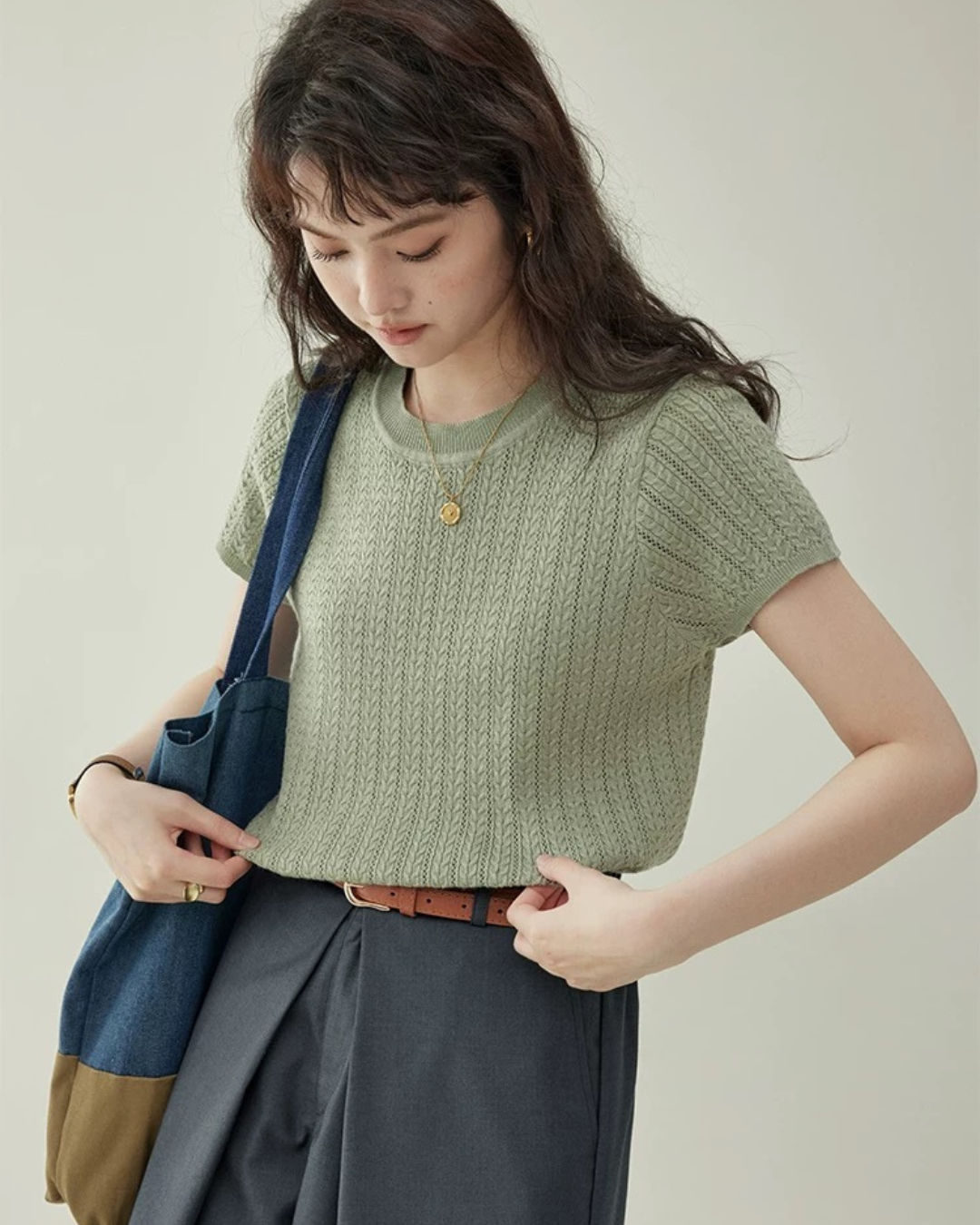 クルーネックニットTシャツ（トップス・全2色）