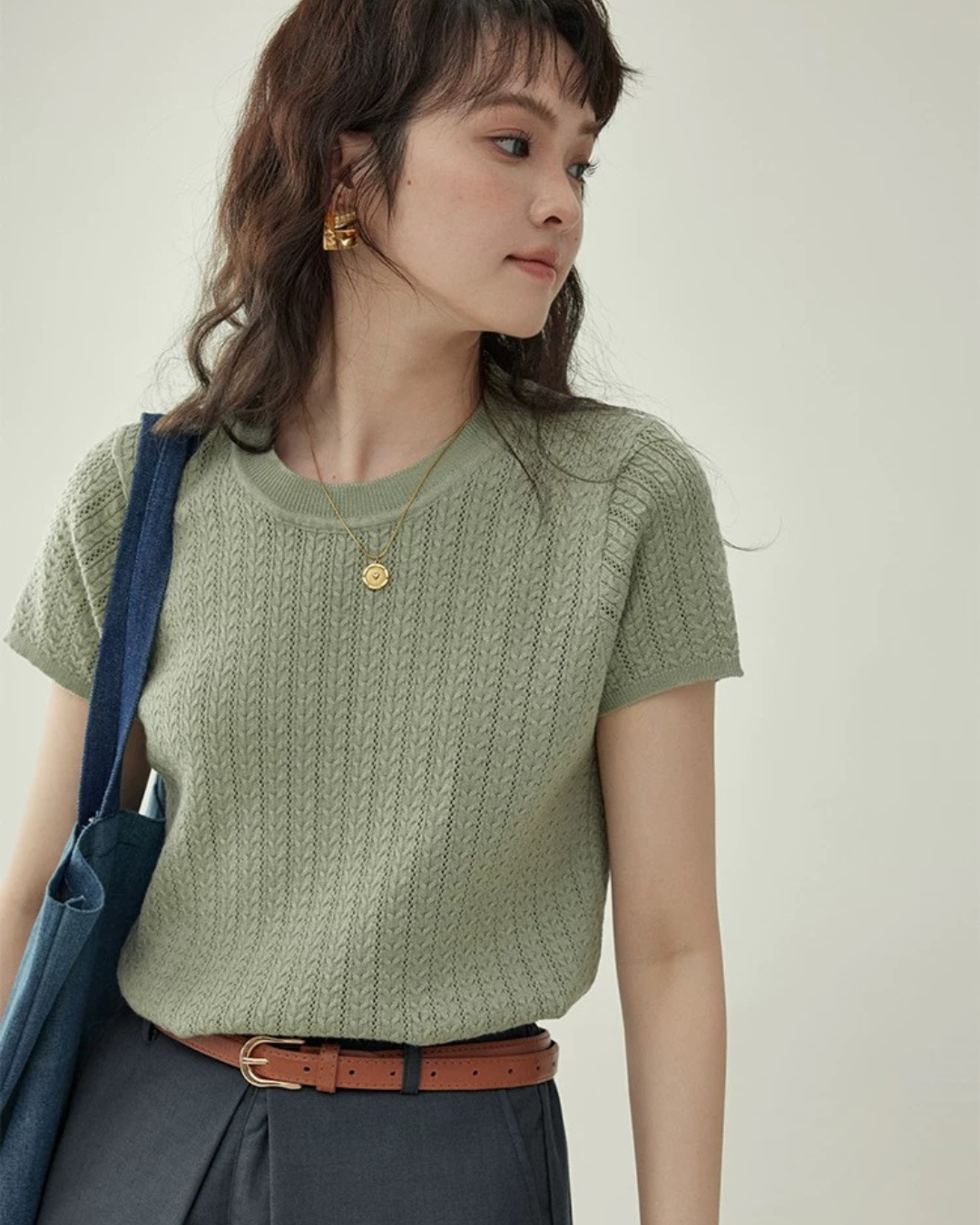 クルーネックニットTシャツ（トップス・全2色）