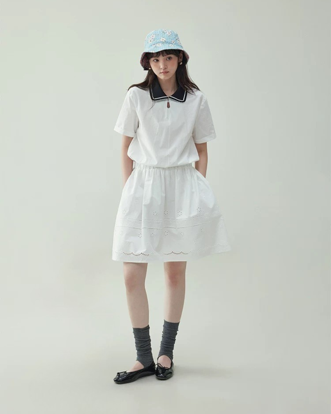 ラペル刺繍ウエストスカート（セットアップ・全1色）