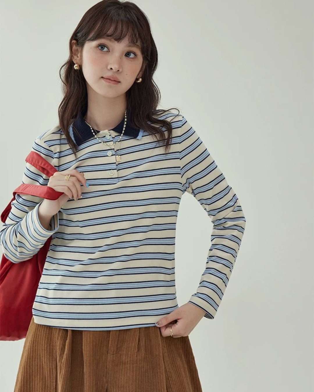 ストライプラペル長袖Tシャツ（トップス・全1色）