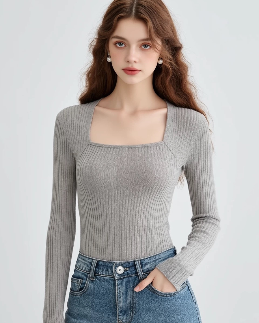 ネクタイスクエアネック長袖セータートップス（トップス・全3色）