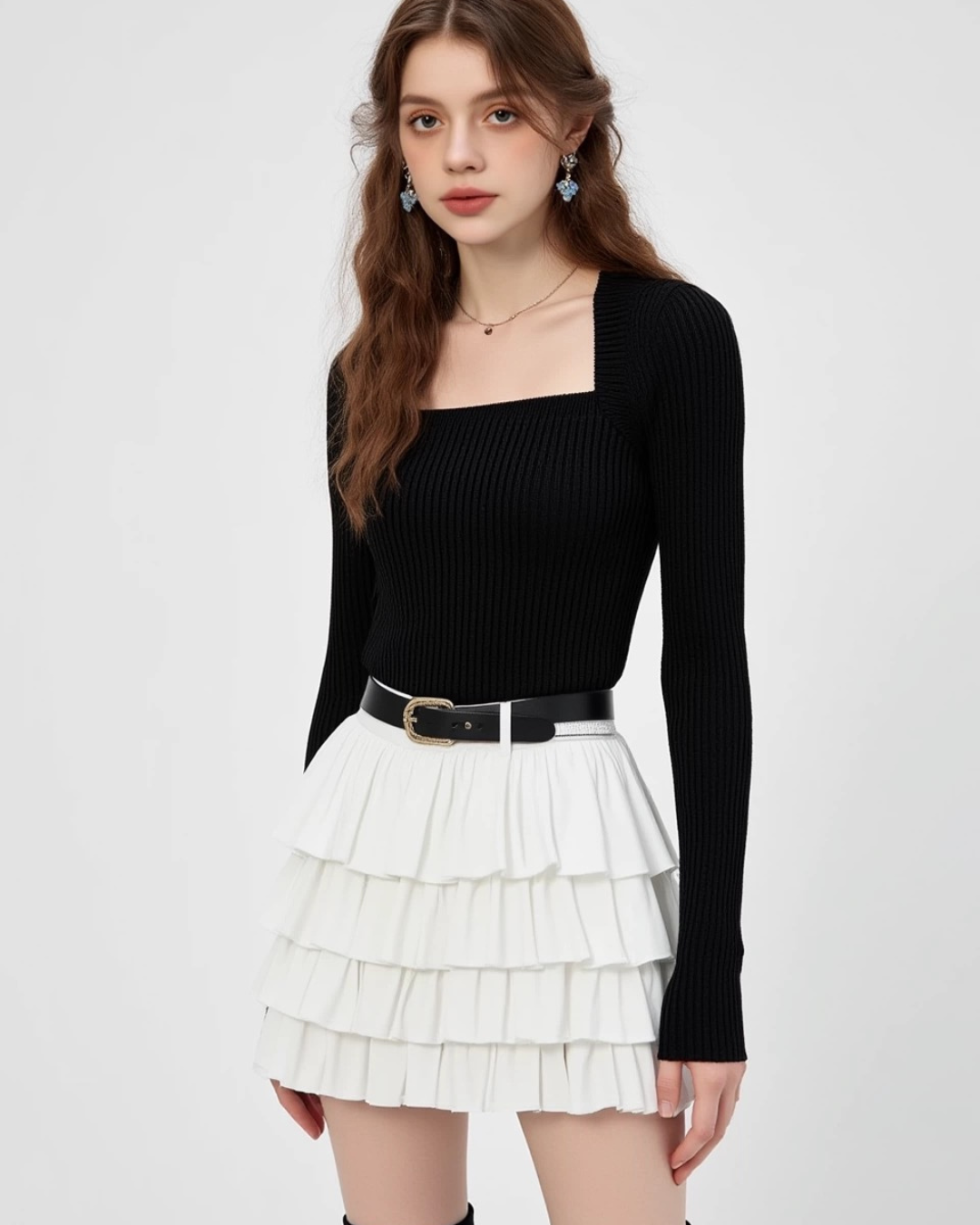 ネクタイスクエアネック長袖セータートップス（トップス・全3色）