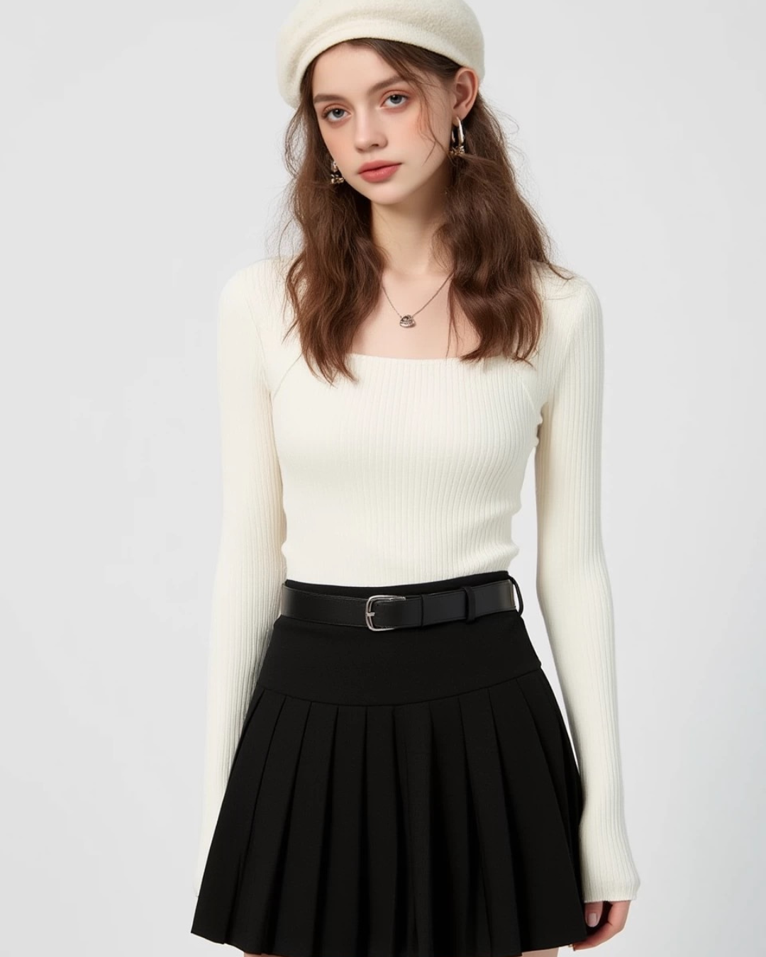 ネクタイスクエアネック長袖セータートップス（トップス・全3色）