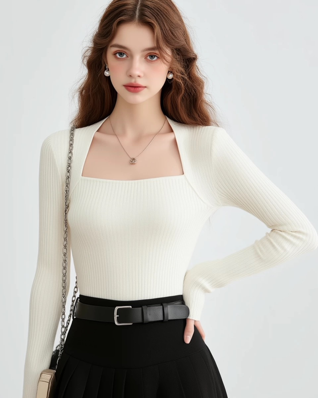 ネクタイスクエアネック長袖セータートップス（トップス・全3色）