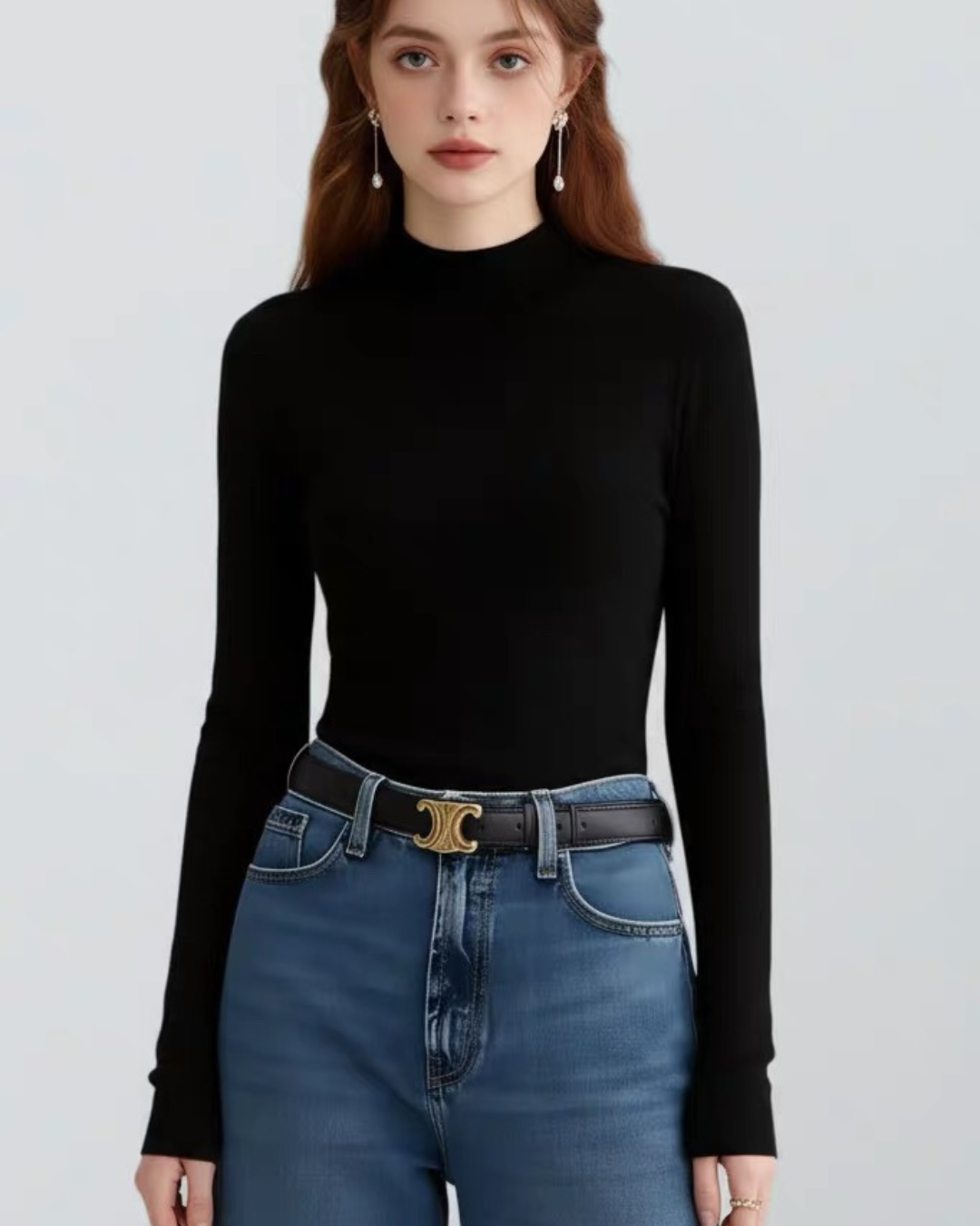 フレンチレトロハーフハイネックニットボトムシャツ（トップス・全2色）