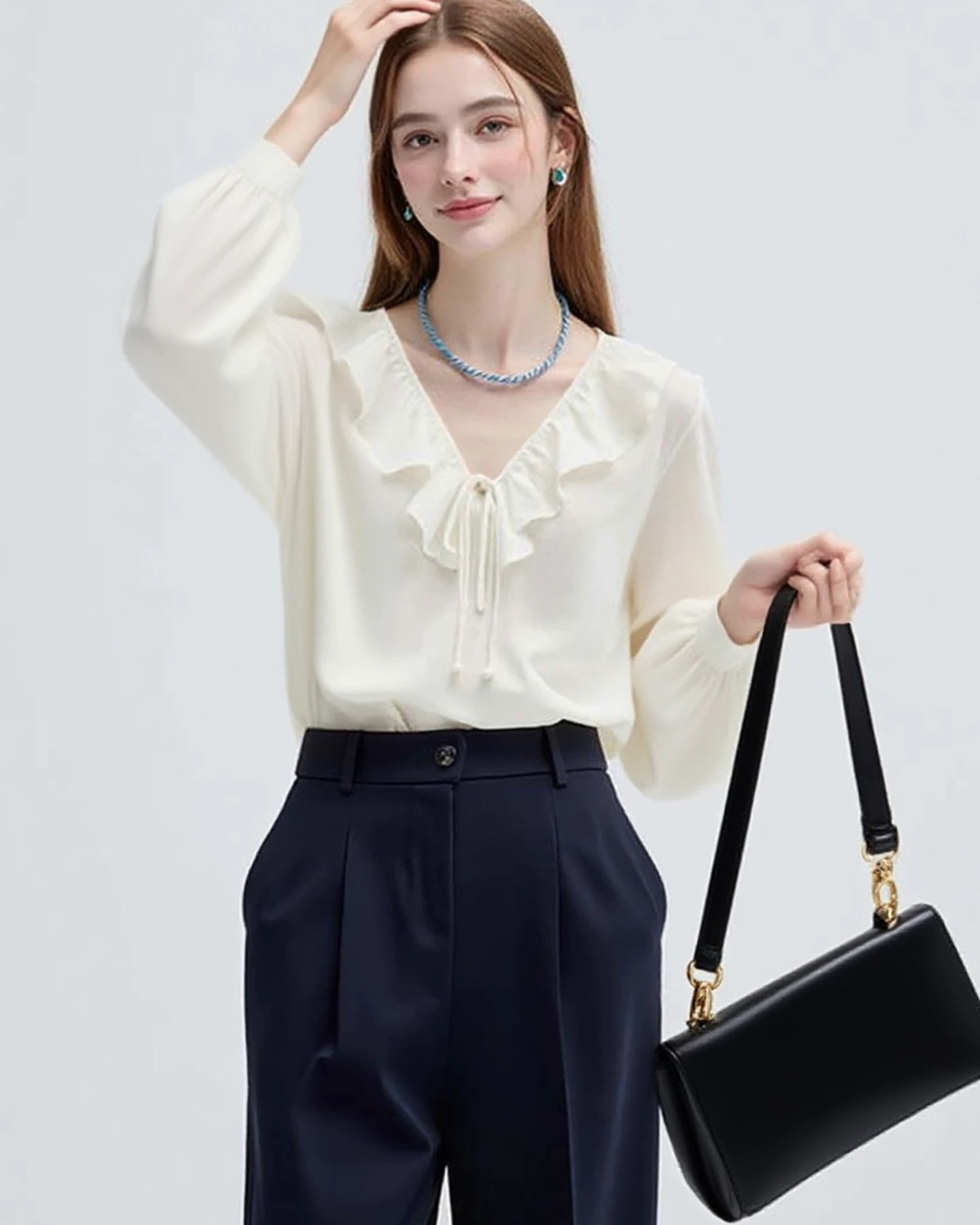 フリルレースアップVネック長袖シャツ（トップス・全1色）