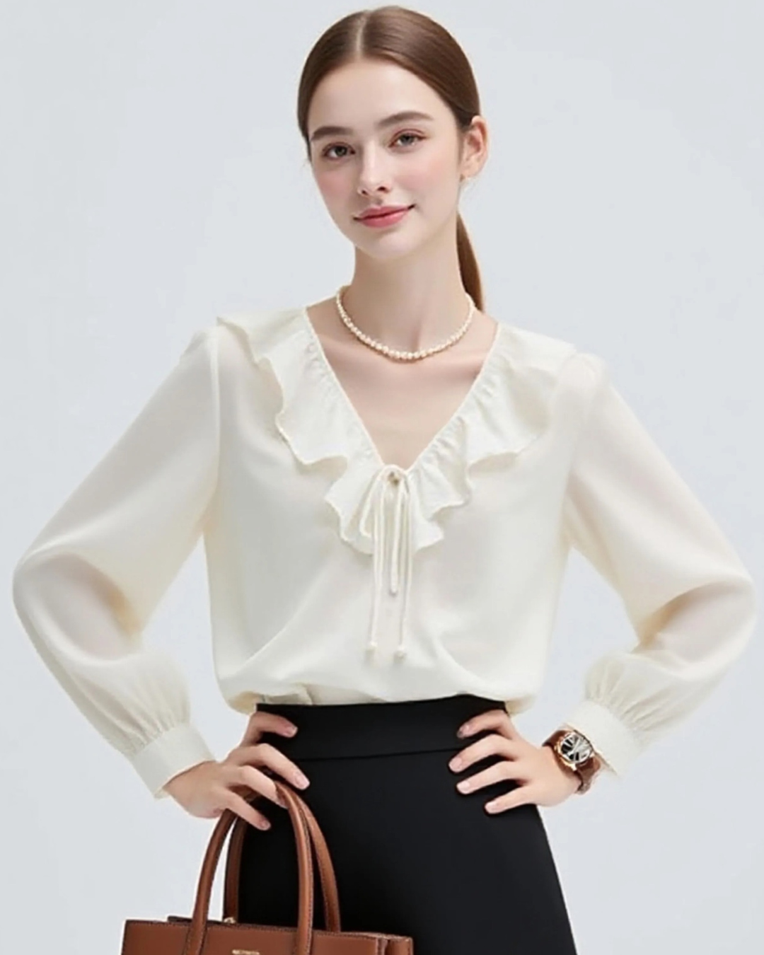 フリルレースアップVネック長袖シャツ（トップス・全1色）