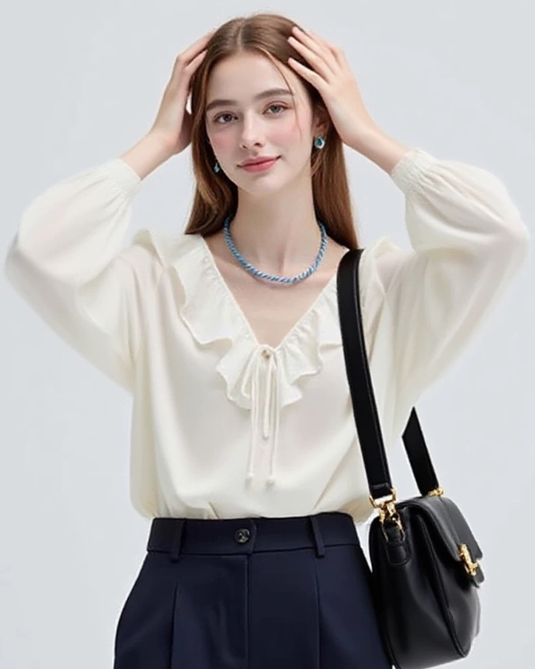 フリルレースアップVネック長袖シャツ（トップス・全1色）