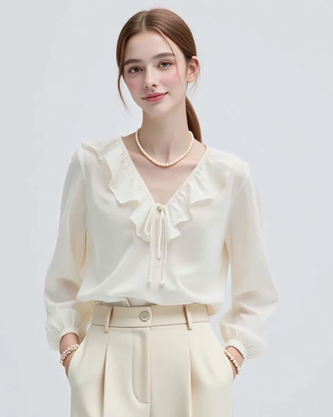 フリルレースアップVネック長袖シャツ（トップス・全1色）