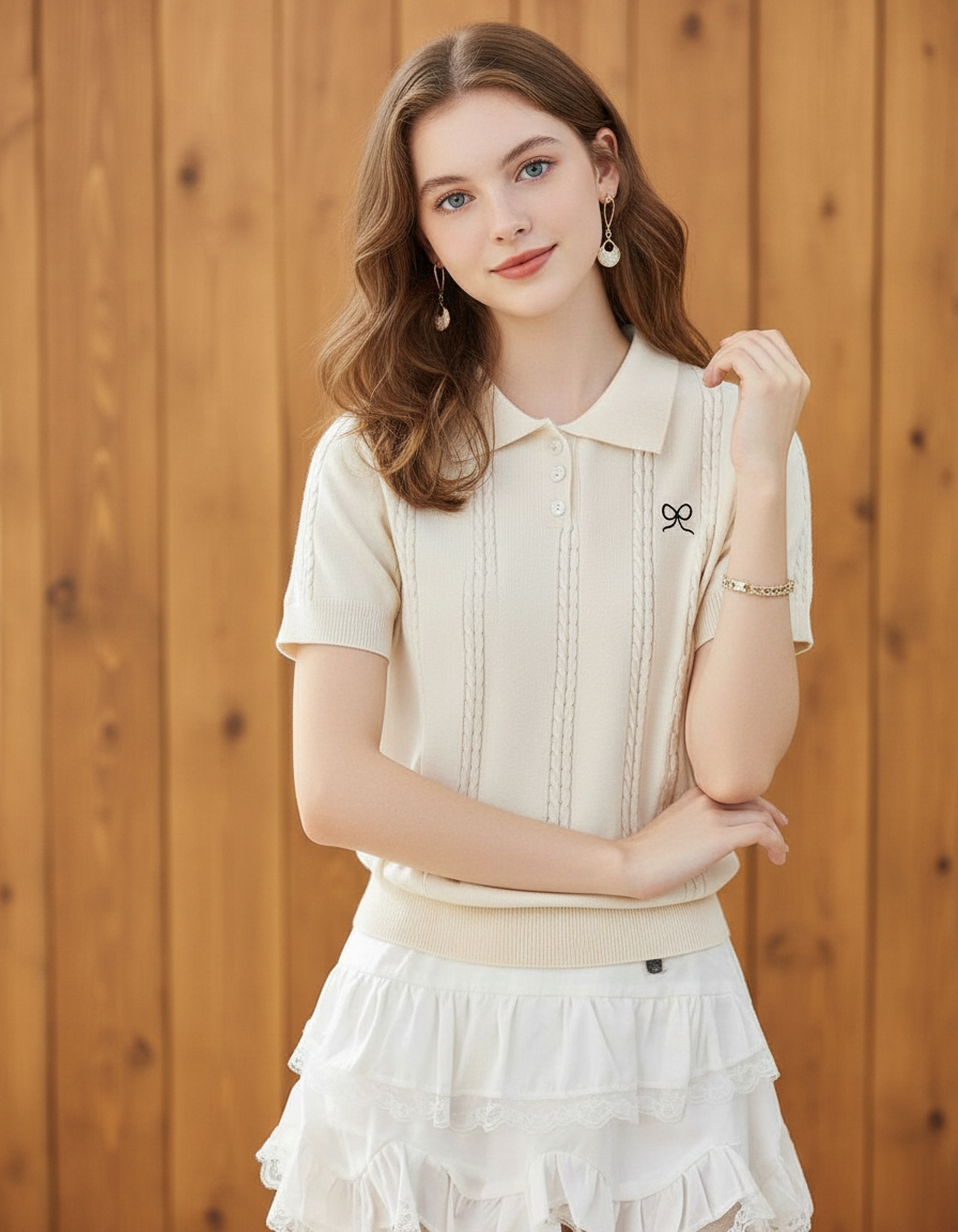 ポロカラーパフスリーブ（トップス・全2色）