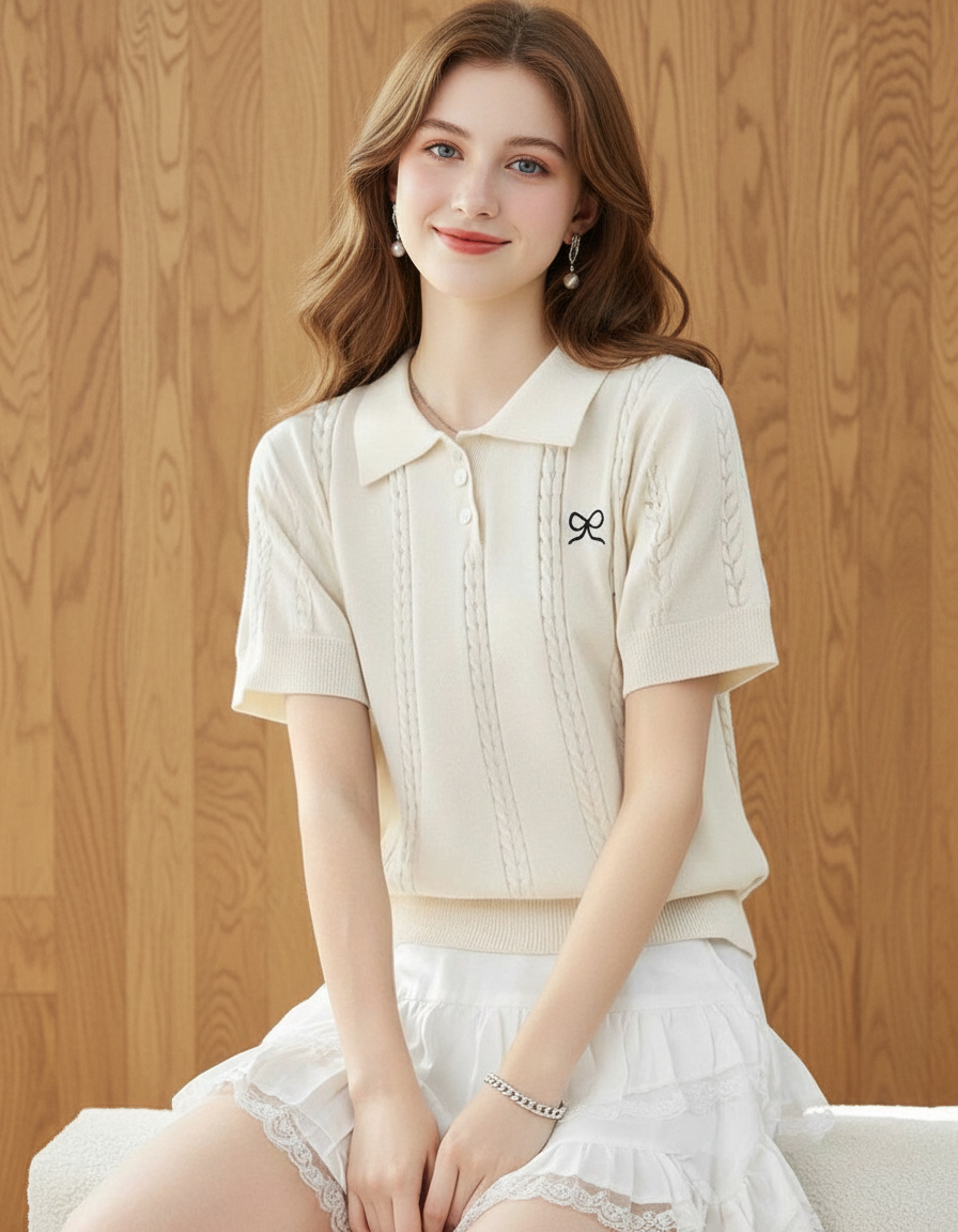 ポロカラーパフスリーブ（トップス・全2色）