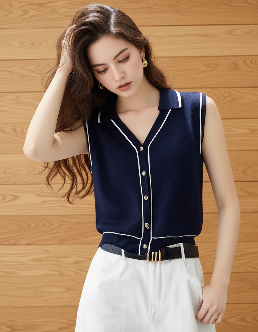 コントラストカラーノースリーブセーター（トップス・全1色）