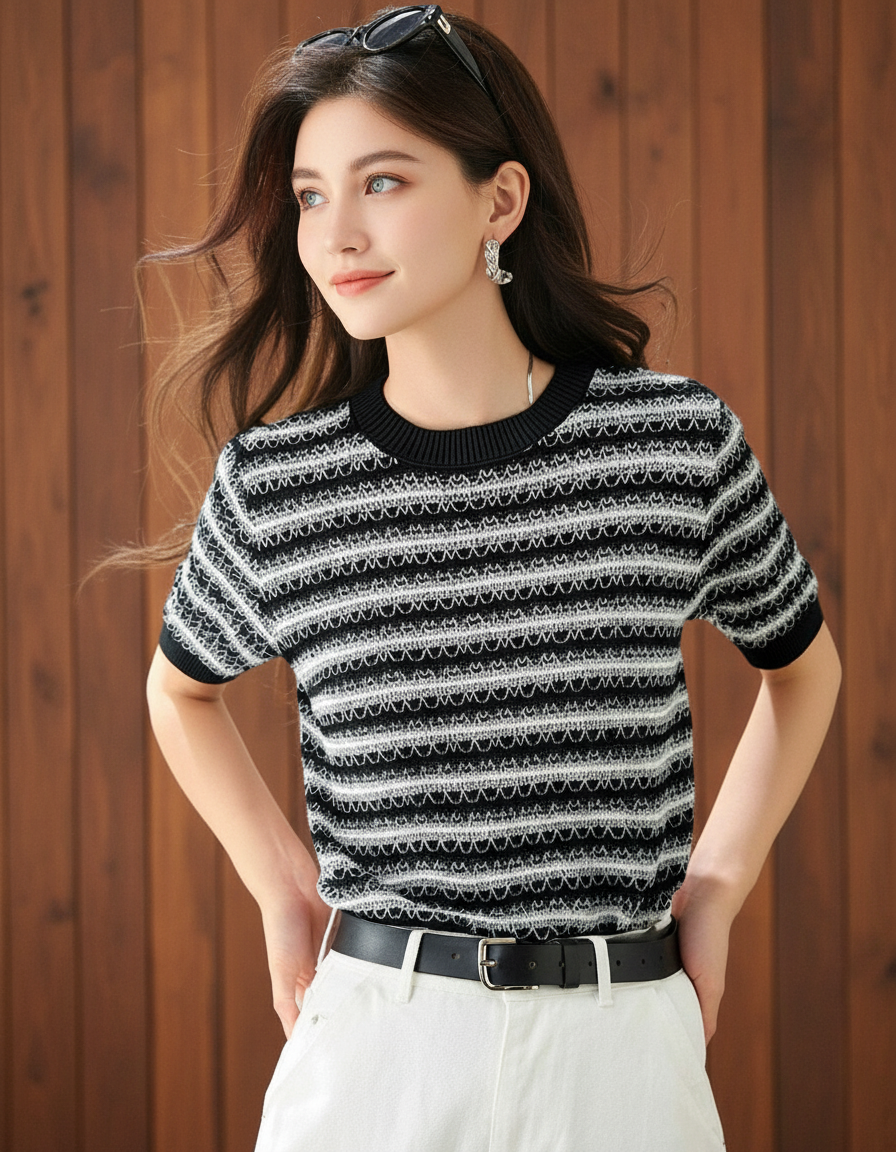 ラウンドネックストライプ（トップス・全1色）