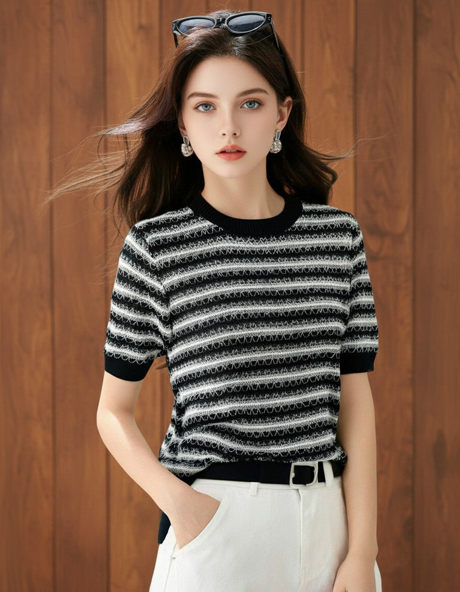 ラウンドネックストライプ（トップス・全1色）