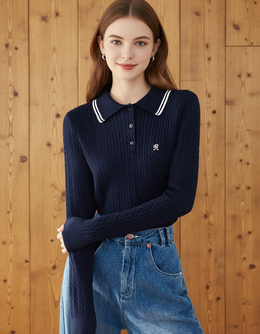 ボタンネックロングスリーブセーター（トップス・全2色）